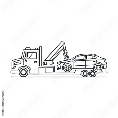 Towing service transporting a vehicle along the road. Vector black icon