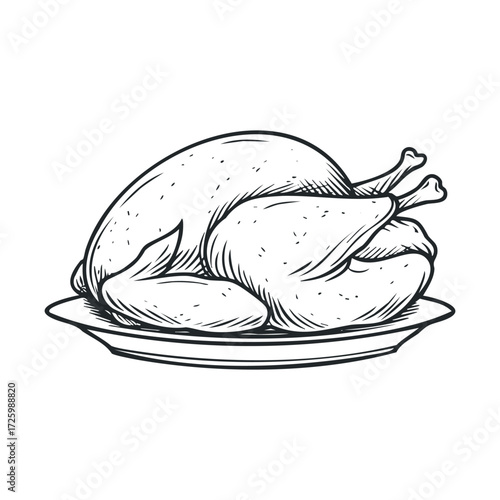 Roast turkey served on a platter for festive gatherings. Vector black icon