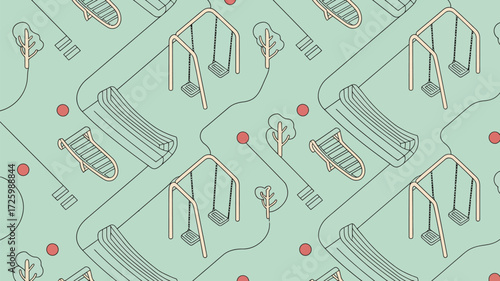 Repeating playground equipment pattern with slides swings trees and red balls on light green background