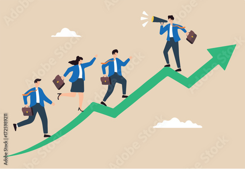 Go to Page
|12Next
Flat illustration of businessman with megaphone motivate employee to walk up arrow symbolizing career inspiration