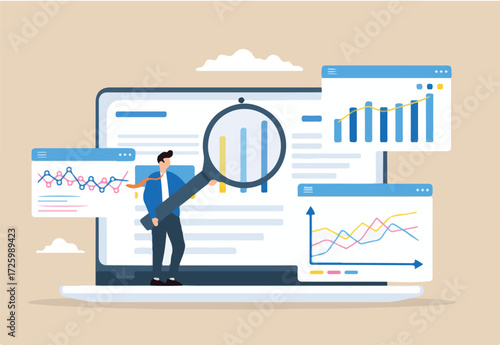 Businessman analyst data on laptop with magnifying glass
