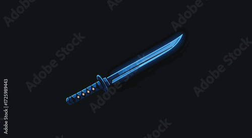 A glowing blue katana sword with a dark background, showcasing its sharp blade and intricate handle design.