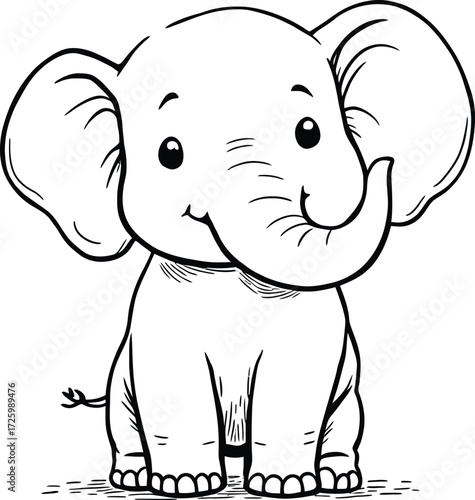 Baby Elephant Cartoon Vector Featuring Upright Pose, Large Ears, Curved Trunk, and Cheerful Expression in Line Art Style