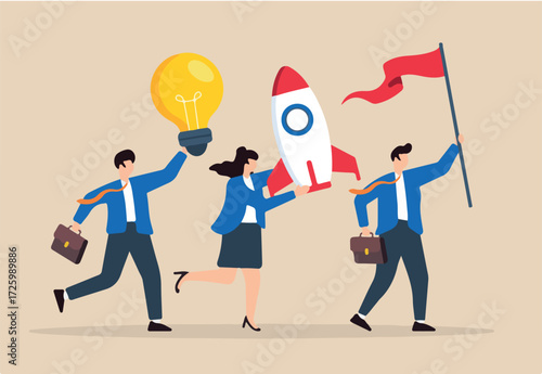 Flat illustration of business people hold winner flag rocket ship and lightbulb idea symbolizing entrepreneurship