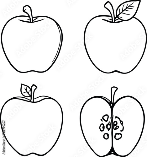 Apple Icon Set Vector Featuring Whole, Leafed, Contoured, and Sliced Fruit Variants in Black and White Line Art Style