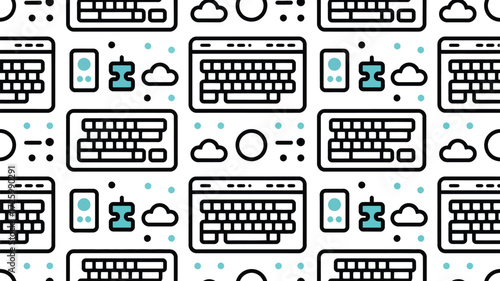 A seamless pattern featuring keyboards monitors clouds and other tech related icons in black and light blue