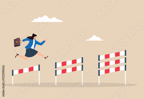 Flat illustration of businesswoman confidently jumping over hurdles to overcome career challenges and achieve success