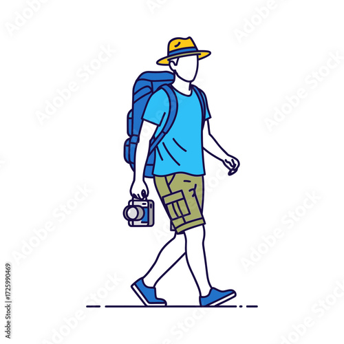 A man a backpack is walking holding a mug he is wearing a hat shorts