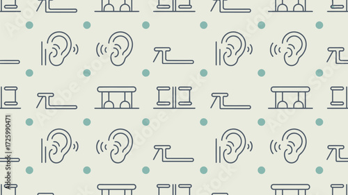 Seamless pattern with hearing aids and ears on a light background with small green polka dots design