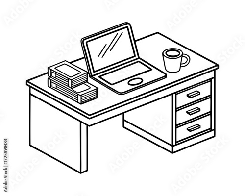 Office desk laptop, coffee cup, stack of paper for work or study concept