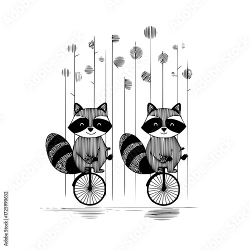 Two raccoons riding unicycles in a forest with tall thin trees in a black and white illustration style