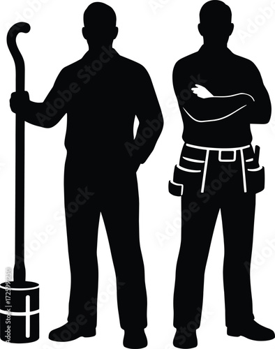 Silhouette of skilled trades workers, plumber with tool, handyman with belt, black vector icons, construction, maintenance, home repair, professional labor