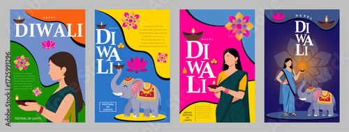 Diwali Festival Vector Illustration Set – Indian Woman, Elephant, Diya Lamps & Lotus Design, for Indian cultural festival artwork, Deepavali celebration concepts, and bright, modern vector backgrounds