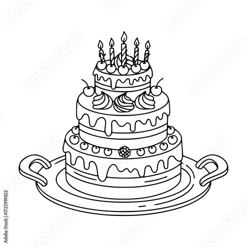 Three-tiered birthday cake on a round tray with candles and decorations - linear icon concept - simple vector outline in minimalistic black and white design