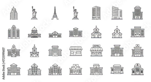 Set of 35 Outline City Buildings and Landmark Icons Vector