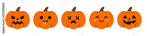 Vector halloween spooky pumpkin set in flat design. Cute orange vegetables. Adorable clipart for autumn, thanksgiving and seasonal decoration. Funny jack o lantern collection.