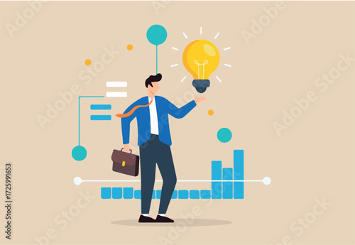 Flat illustration businessman hold glowing lightbulb with data pattern symbolizing business intelligence for decision making