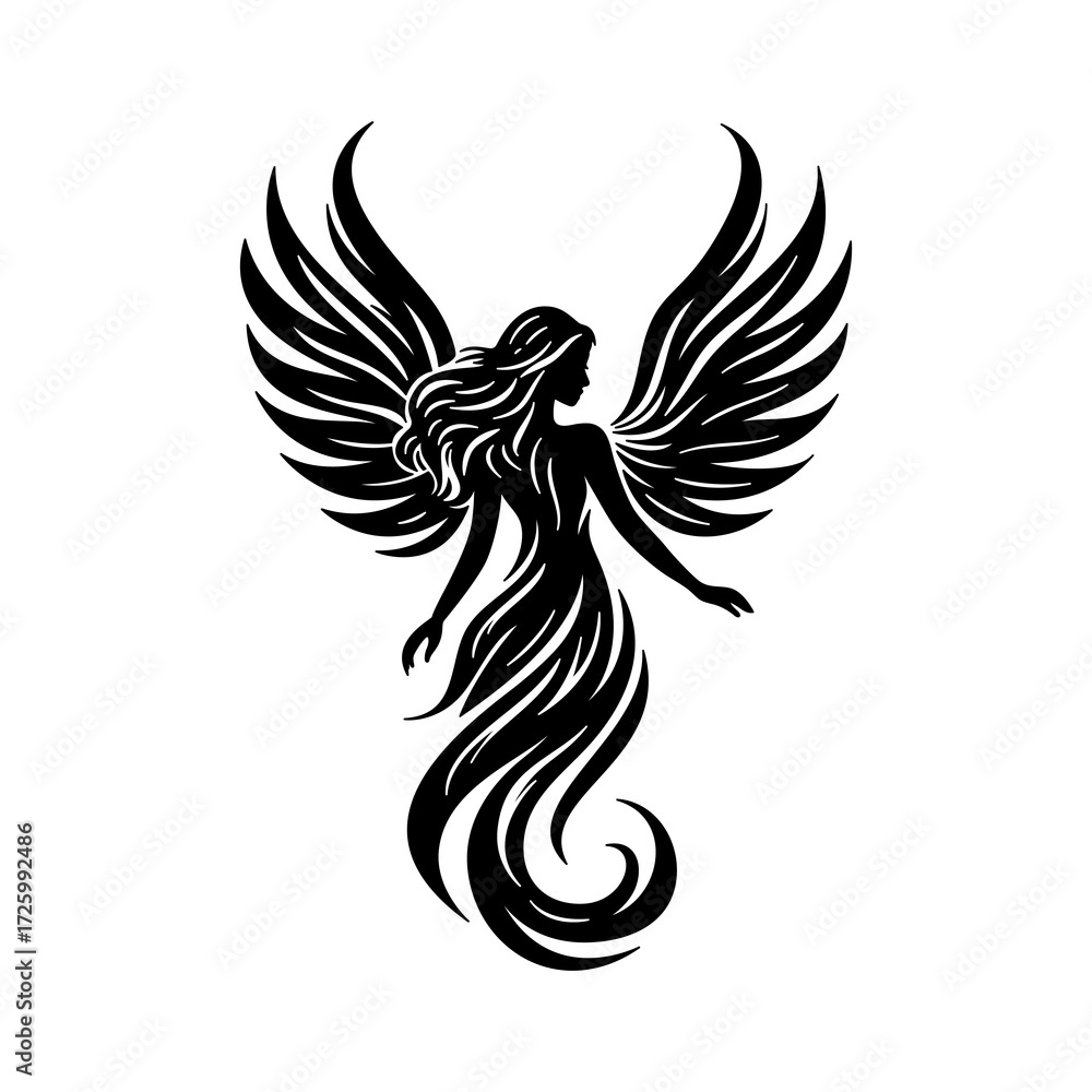 Obraz premium Angel Woman with Wings Silhouette Vector | Guardian Angel Illustration | Memorial Spiritual Design