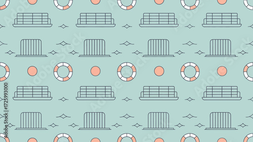 A seamless pattern featuring cruise ships, life preservers, circles and wave accents on a light blue background
