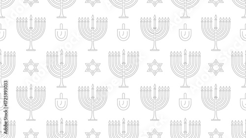 Repeated pattern featuring menorahs, dreidels, and stars of david on a white background design theme