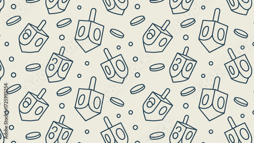 Repeated dreidels and coins arranged in a seamless pattern on a light cream colored background design