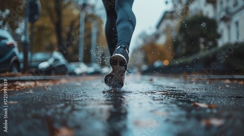 A runner's shoe strikes a puddle on a wet street creating splashes and reflections on the ground during rain
