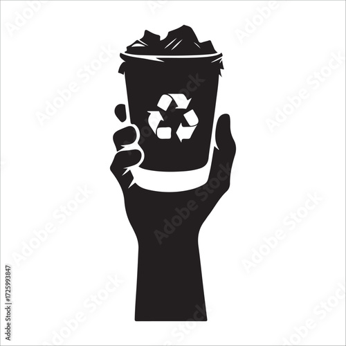 Stylized hand holding trash silhouette vector icon design