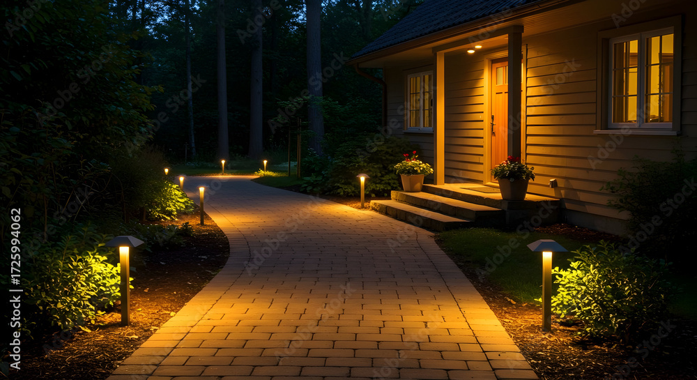 Obraz premium A home with path lights guiding the way in the dark