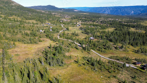Winding Road and Cabins in Haglebu Mountain Valley, Norway