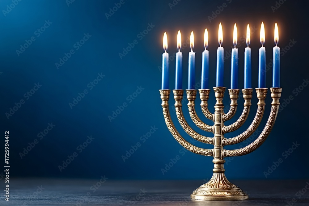 Fototapeta premium Hanukkah menorah displaying nine lit blue candles, symbolizing the festival of lights tradition and celebrating the jewish holiday spreading warmth and faith