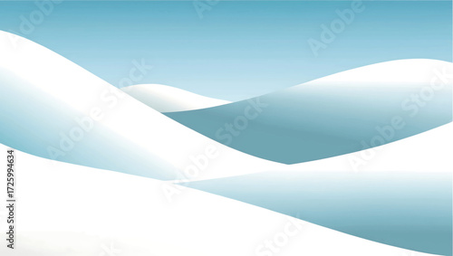 Abstract minimalist landscape of rolling snow covered hills and soft blue sky