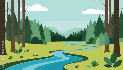 Flat design landscape of a winding river flowing through a forest and meadows