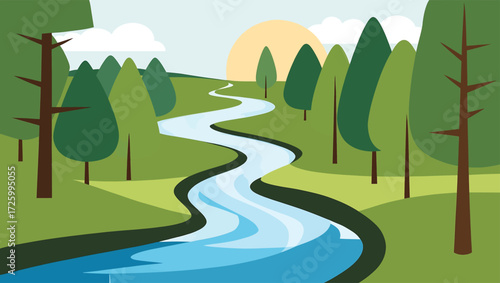 Stylized illustration of a winding river flowing through a green forest landscape with a sun and clouds