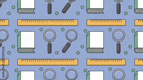 A repeating pattern of books rulers and magnifying glasses on a light blue background with circles
