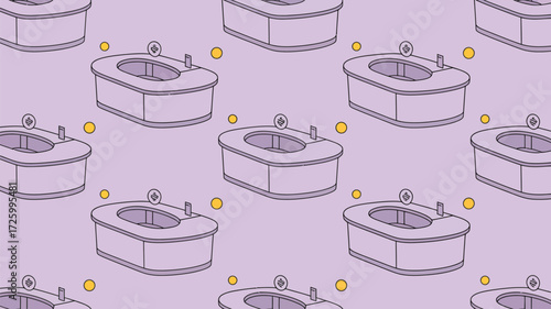 A repeating pattern of cartoonish purple bidets with yellow circles on a light purple background
