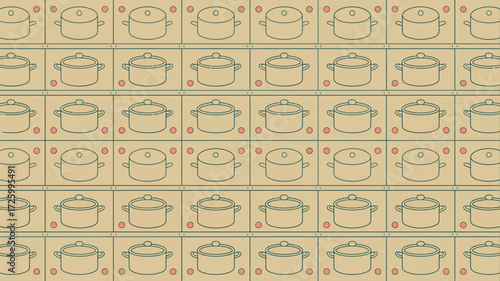 A repetitive pattern of cooking pots with lids and small red circles on a beige background grid design