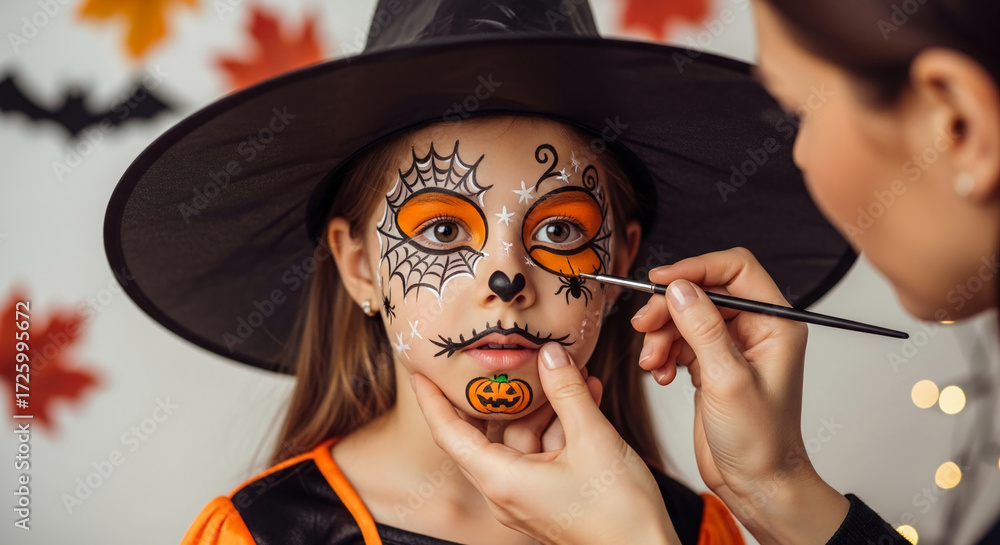 Girl in witch hat getting Halloween face paint, spiderweb and pumpkin designs.  Autumnal background, festive preparation