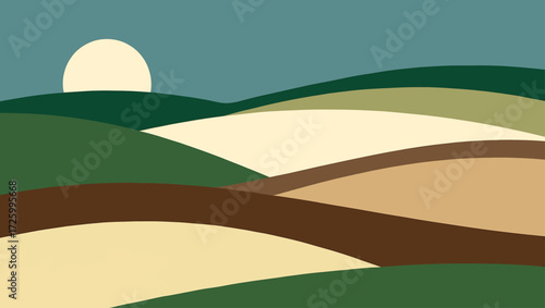 Stylized rolling hills landscape with a sun and muted earth tones