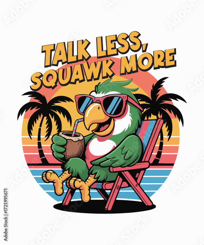 Funny Parrot Relaxing on Beach with Sunglasses and Coconut Drink