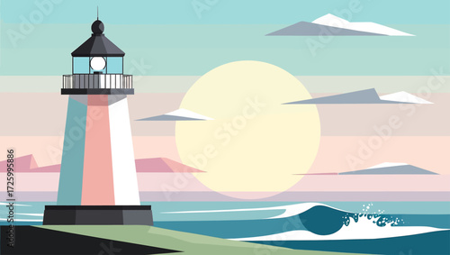 Stylized lighthouse on a coastline with a large sun and ocean waves