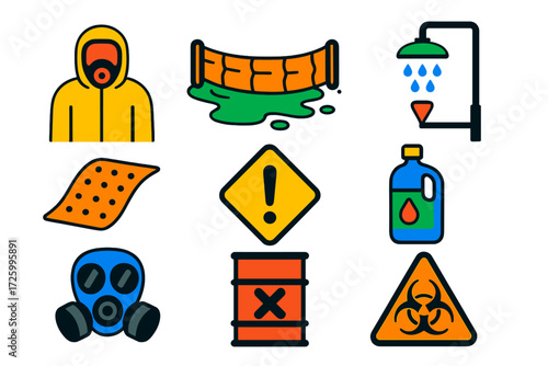Chemical Spill Icons. Flat vector icons of chemical spill response: hazmat suit, containment barrier, decontamination shower,