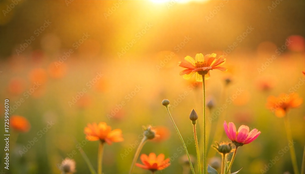 Obraz premium A beautiful field of orange and pink cosmos flowers backlit by warm golden hour sunlight with a soft, blurred background and bokeh. 