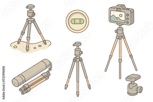 Photography Tripod Setup. Isometric vector illustration set Photography Tripod Setup: tripod on uneven ground, bubble level