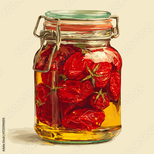 Vector illustration of a jar of sun dried tomatoes in oil isolated on a white background