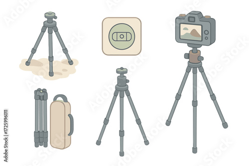 Photography Tripod Setup. Isometric vector illustration set Photography Tripod Setup: tripod on uneven ground, bubble level