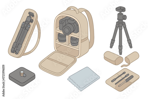 Camera Gear Essentials. Isometric vector illustration set Tripod and Camera Gear Storage: tripod folded in carry bag, camera