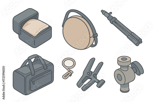 Photography Equipment Icons. Isometric vector illustration set Softbox and Reflector Transport Gear: folded softbox in case,