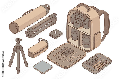 Camera Gear Essentials. Isometric vector illustration set Tripod and Camera Gear Storage: tripod folded in carry bag, camera