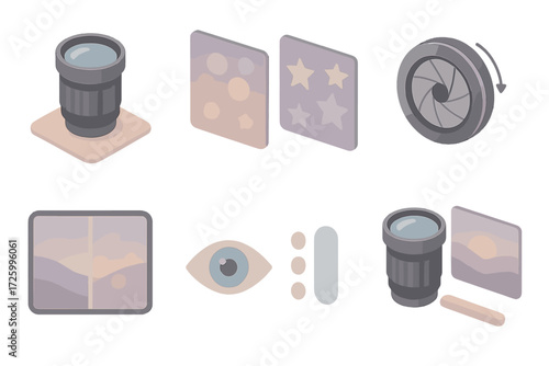 Lens Testing Icons. Isometric vector illustration set Optical Lens and Blur Simulation: lens testing with blur gradient, bokeh
