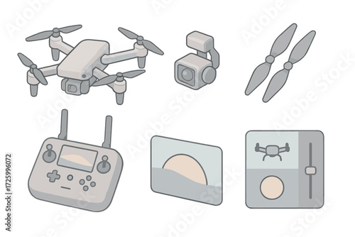 Drone Gear Setup. Isometric vector illustration set Drone Photography Gear Setup: foldable drone arms, detachable camera module,